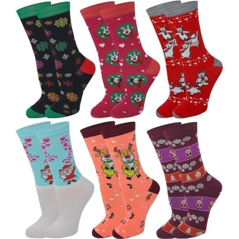 Women Stretchy Novelty Crew Colorful Fancy Crazy Design Soft Socks 6 Pairs